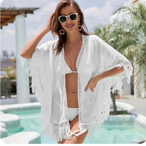 NEW Vacay time fringe hem beach cover up - Picture 2 of 5